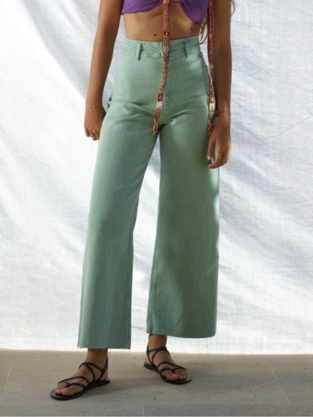 Zara Marine Straight High Rise Wide Leg Pants Green Raw Hem Size 4
